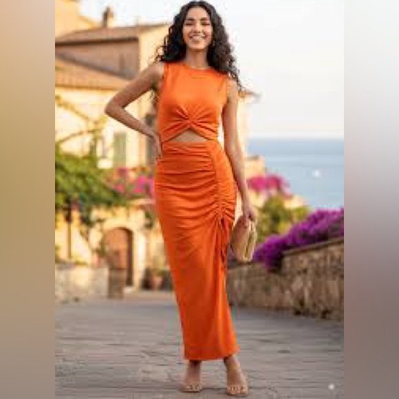 The Unbranded Brand Dresses & Skirts - 2 FOR $25 Orange Cut Out Knot Front Ruched Midi Dress Stretchy Size S M
